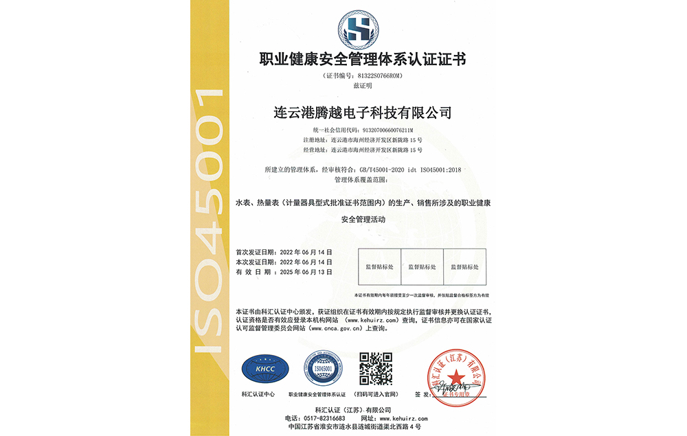 腾越ISO45001职业健康安全管理体系认证证书